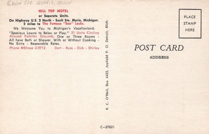 Hill Top Motel - Vintage Postcard